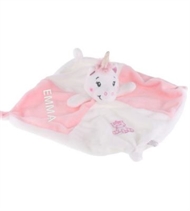 Lyserød Tinka baby nusseklud med navn ned enhjørnignshoved. 